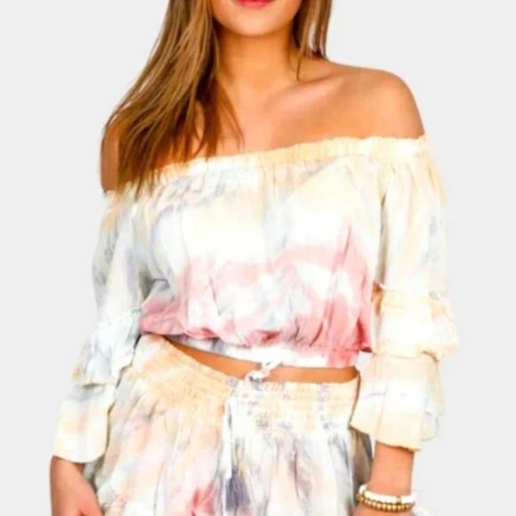 Surf Gypsy Beachy Off-Shoulder Crop Top Pastel Beach Surfer Girl Vacation Resort - Picture 1 of 6